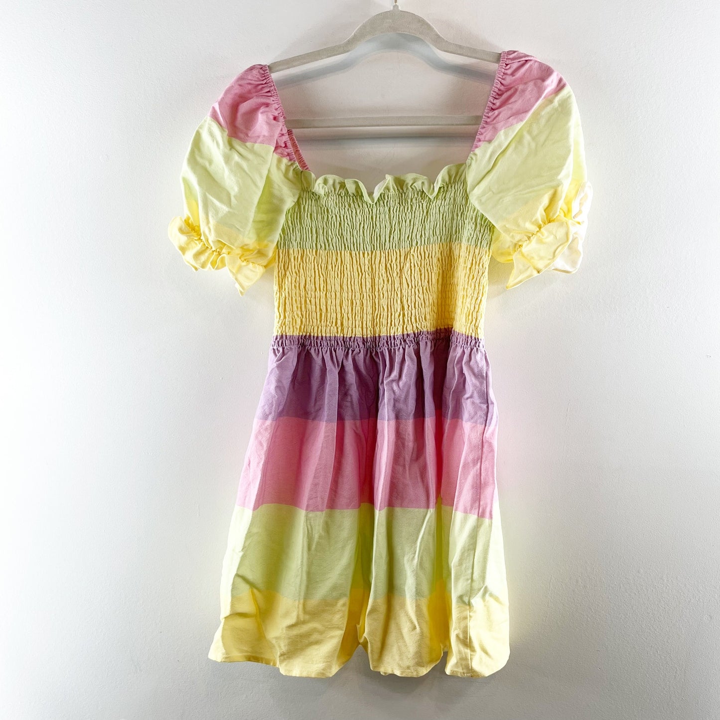 Olivia Rubin Emilie Striped Pastel Puff Sleeve Mini Dress Yellow Pink 2