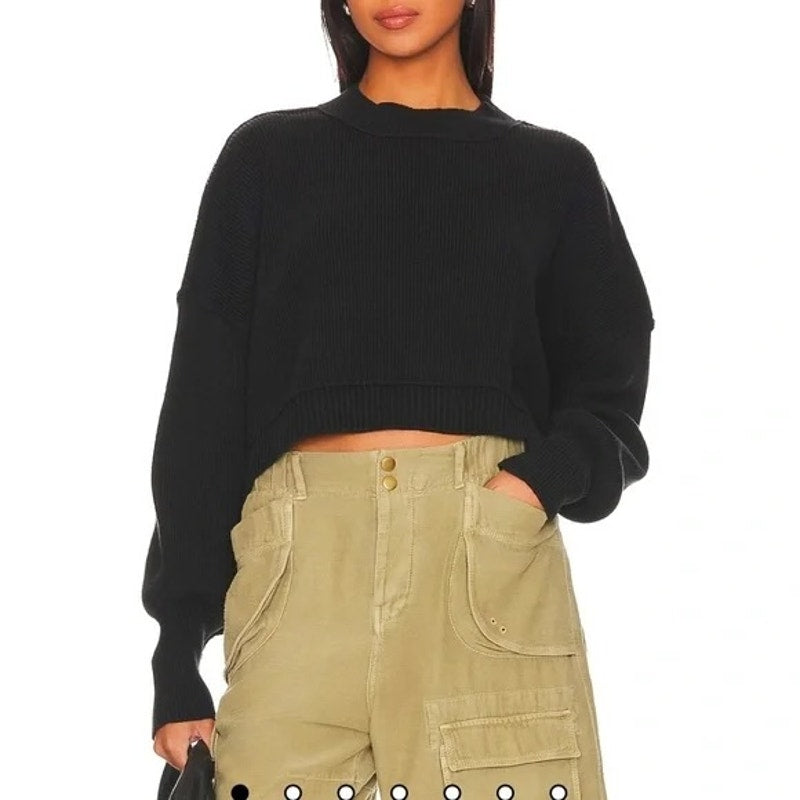 Free People Easy Street Cropped Long Sleeve Sweater Black Large