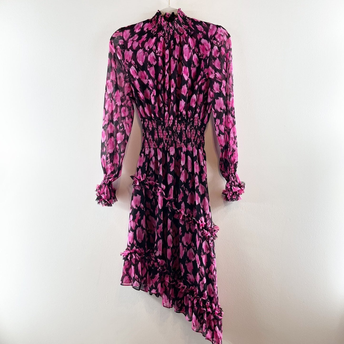 MISA Los Angeles Lupita Long Sleeve Asymmetrical Floral Mock Neck Dress Pink XS
