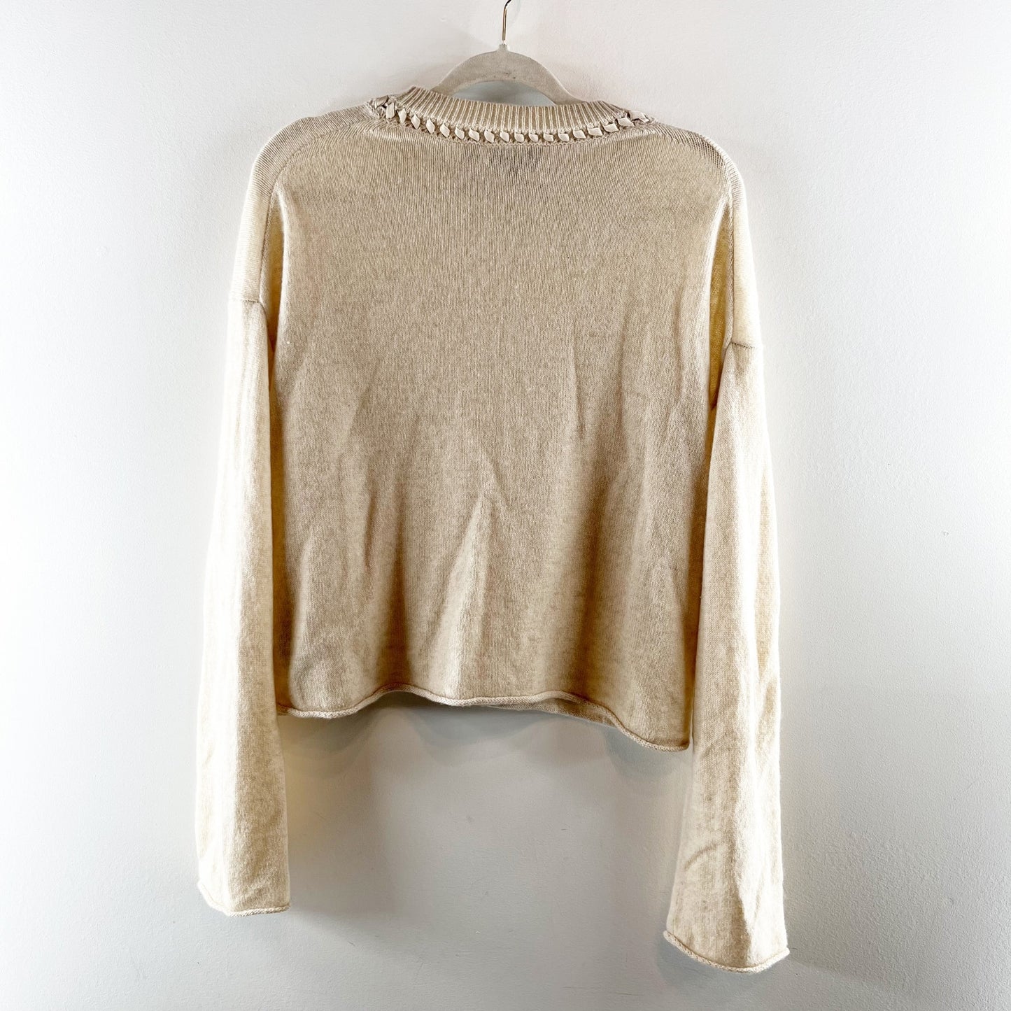 Theory Ribbon Trim Long Sleeve Roll Hem Cashmere Sweater Tan Large
