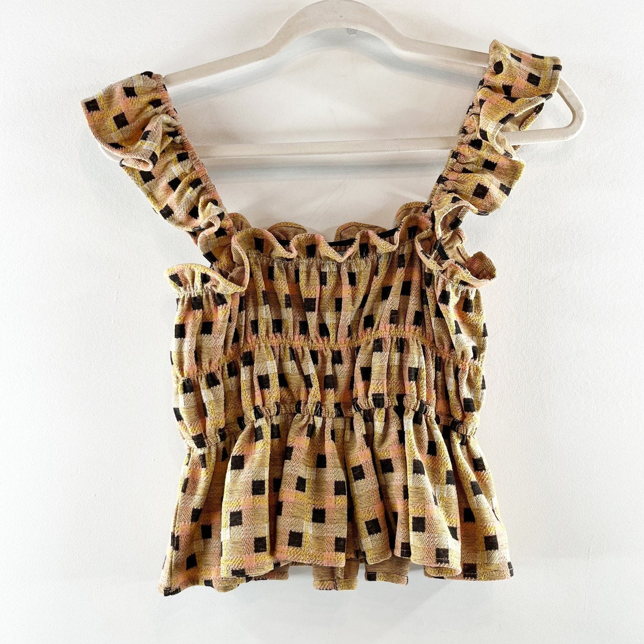 Anthropologie Eva Franco Ruffle Strap Check Peplum Tank Top Tan Black XS