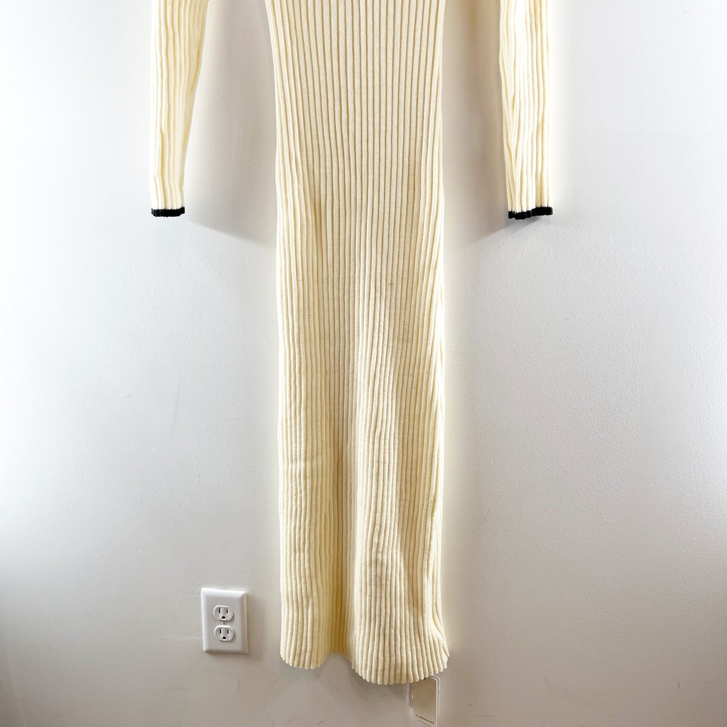 Commense Long Sleeve Collared Ribbed Bodycon Maxi Sweater Dress Cream XS