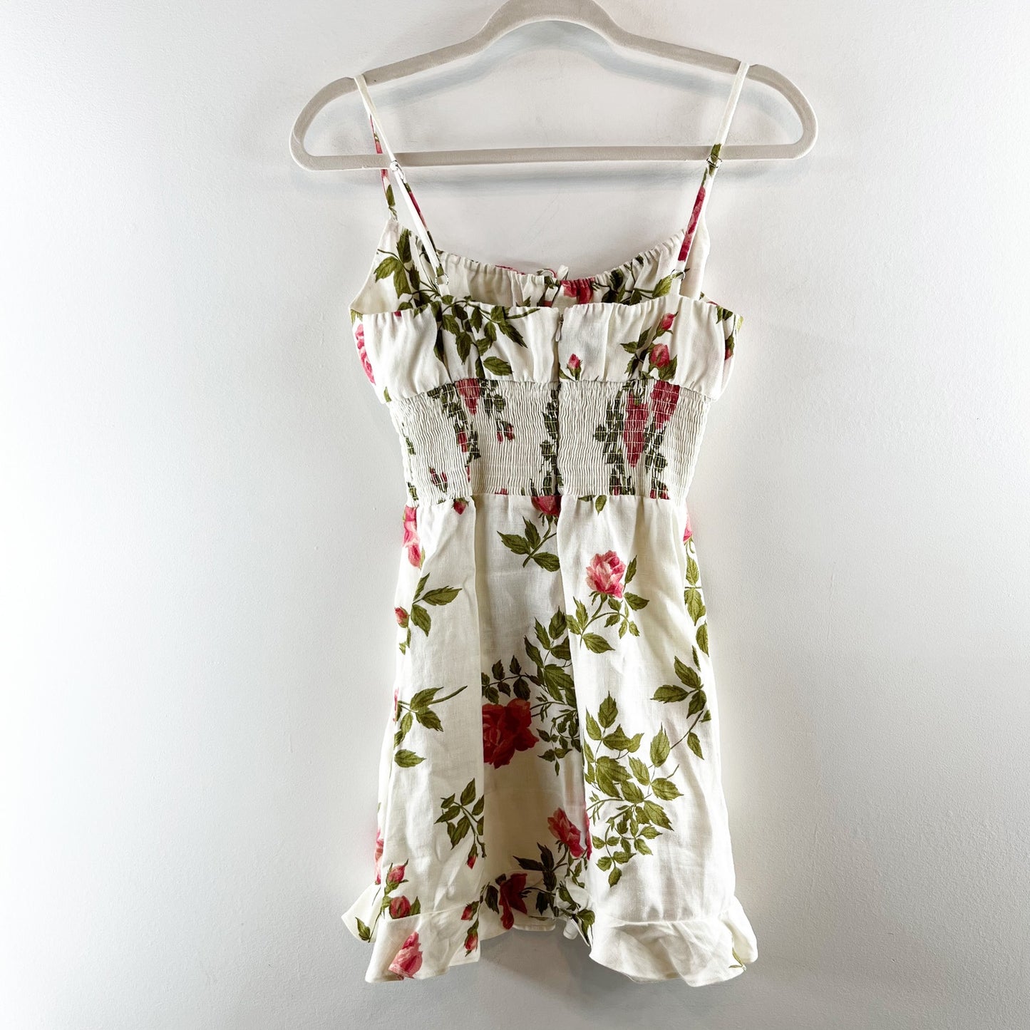 Reformation Rosemary Floral Print Linen Smocked Waist Mini Dress White 4