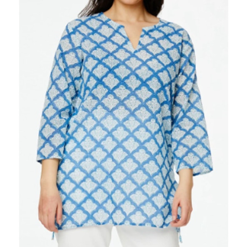 Roller Rabbit Jemina Kurta 3/4 Sleeve Split Neck Tunic Top Blue White Medium