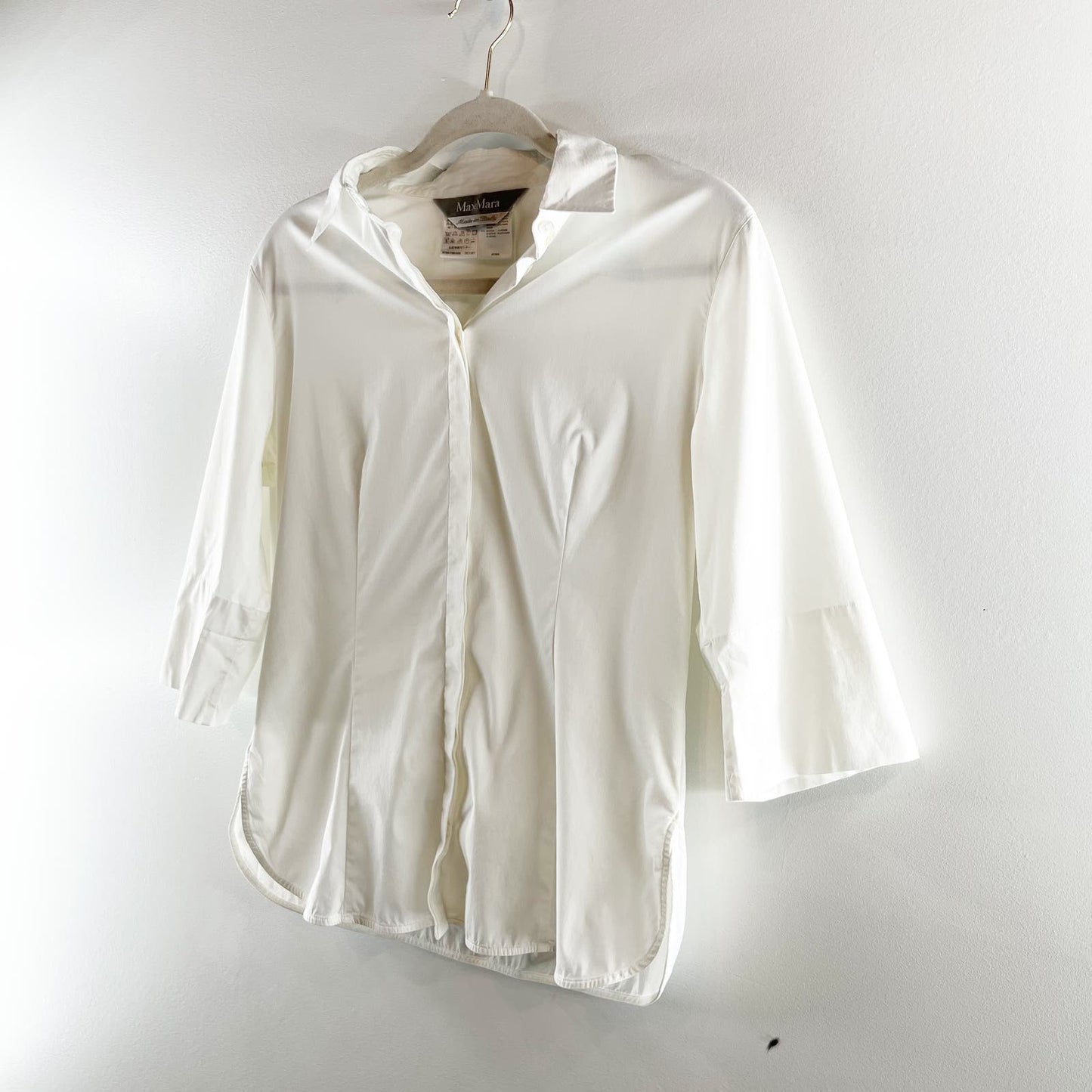 Max Mara 3/4 Sleeve Button Up Collared Shirt White 12