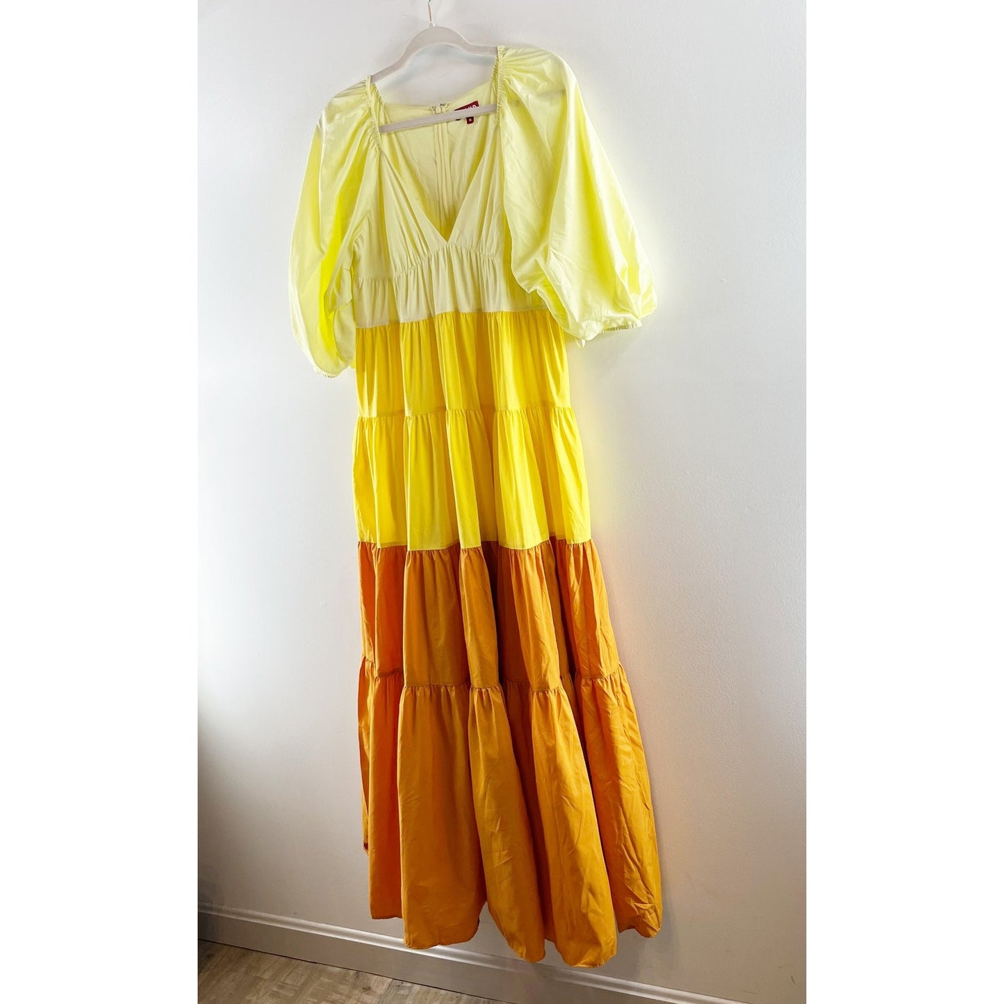 Staud Puff Sleeve Tiered Meadow Colorblock Maxi Dress in Sun Beach Medium