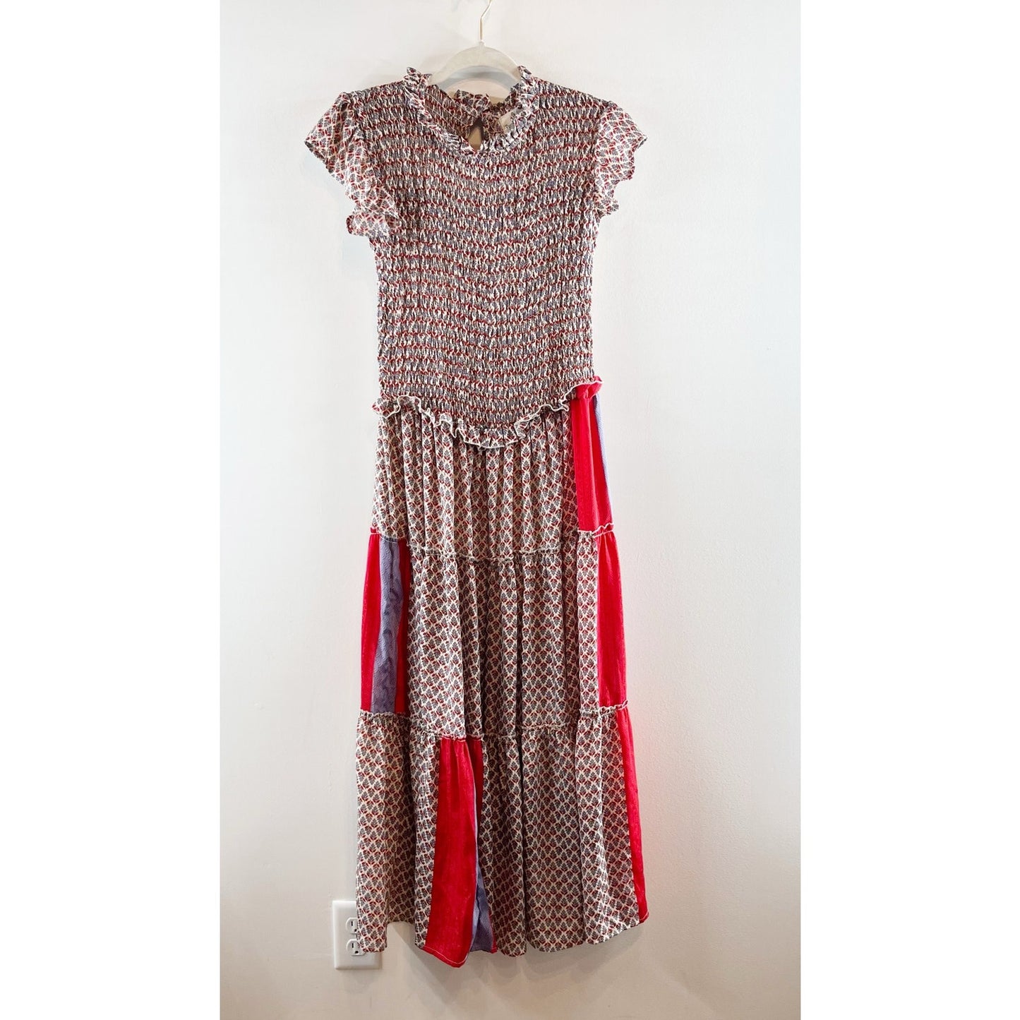 Perry Walker Collective Drop Waist Smocked Patchwork Maxi Dress Red Small