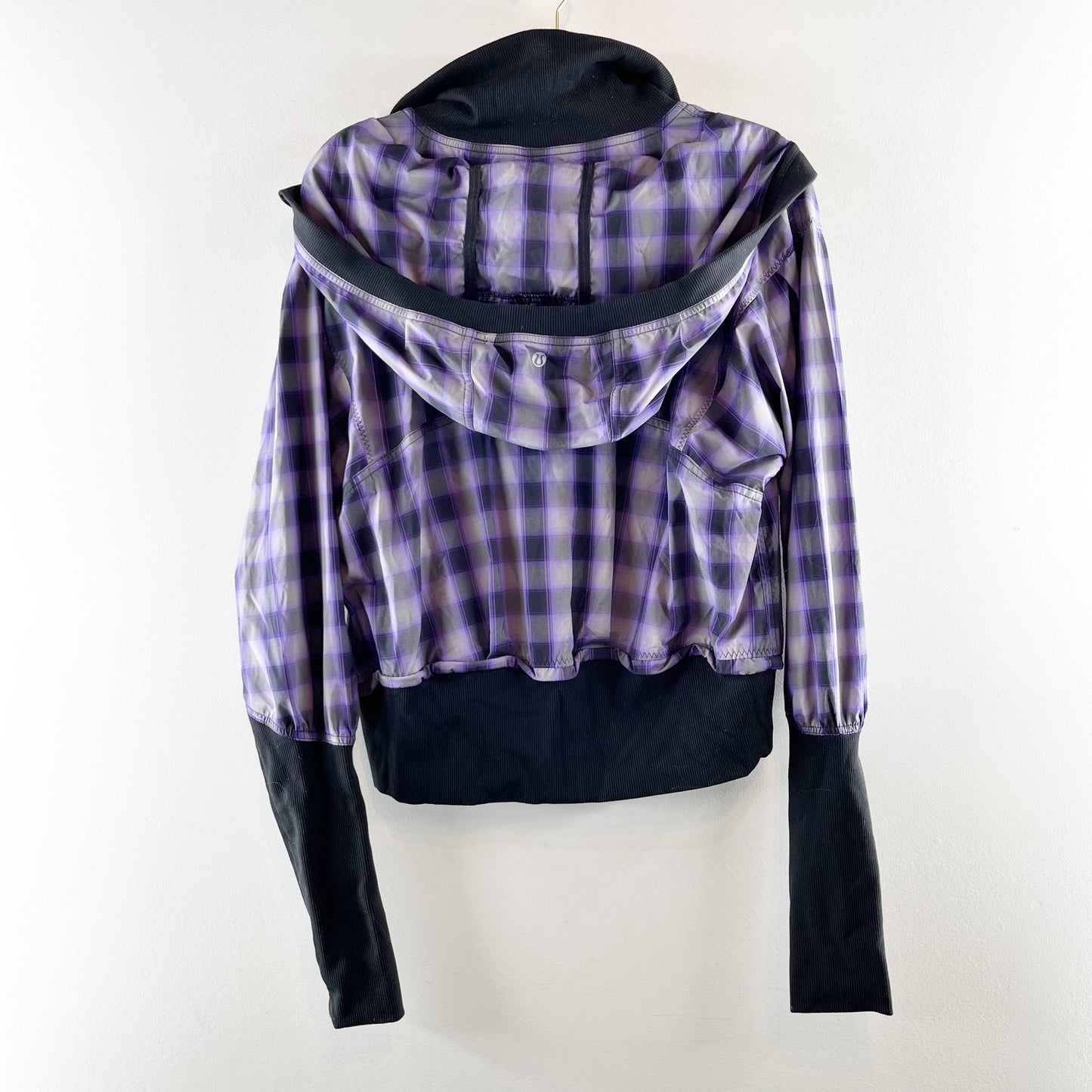 Lululemon Run Reflection 1/2 Zip Long Sleeve Plaid Hoodie Jacket Purple Black 10