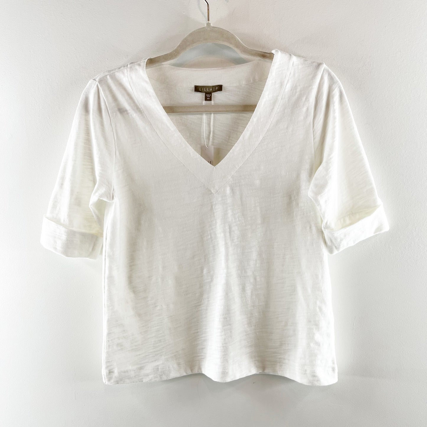 Lilla P V Neck Elbow Sleeve Cotton Tee Shirt White XS