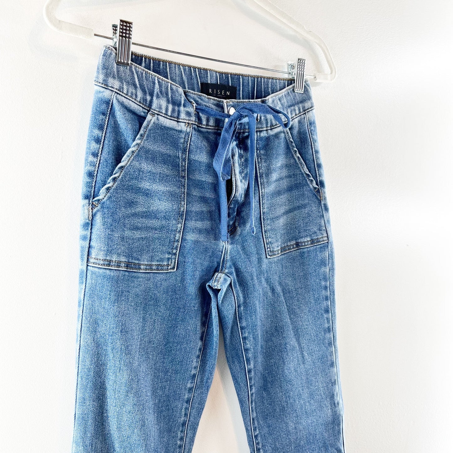 Risen Denim Mid Rise Flare Jeans With Drawstring and Front Pockets Blue 5 / 27