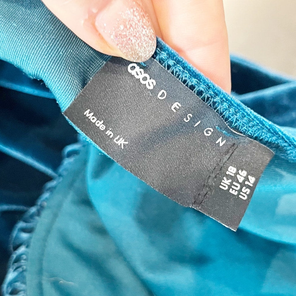 ASOS Design Plunge Strapless Velvet Bodysuit Teal Blue 14