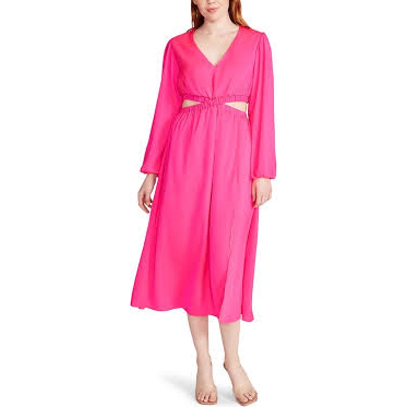 Steve Madden Cerys Long Sleeve Cutout Satin Midi Dress Pink Large
