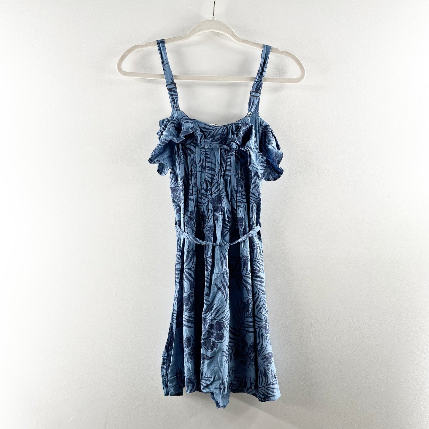 Roxy Ruffle Neckline Belted Tropical Print Mini Sundress Blue Medium