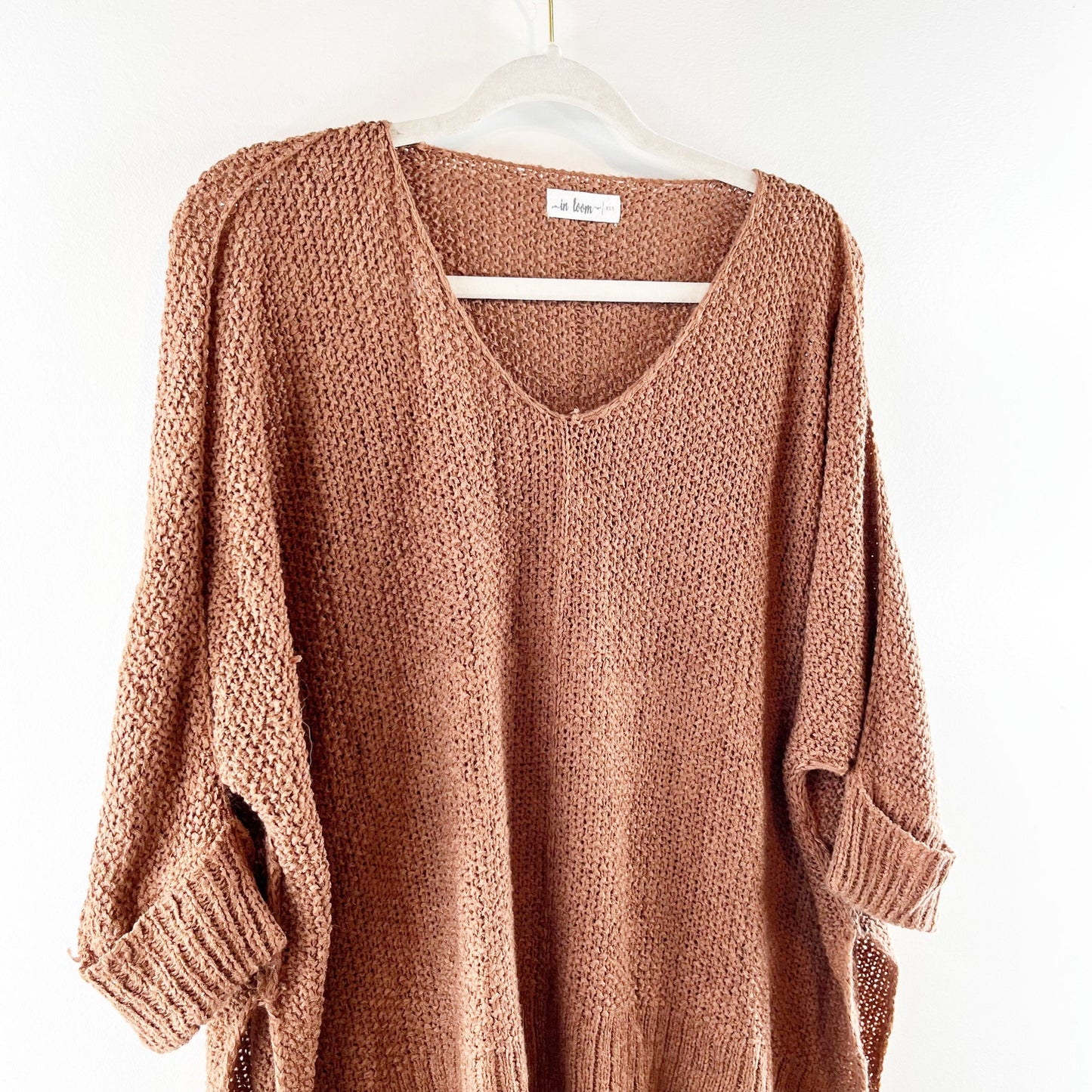 In Loom V Neck Slouchy Crochet 3/4 Cuffed Sleeve Sweater Brown XS / S