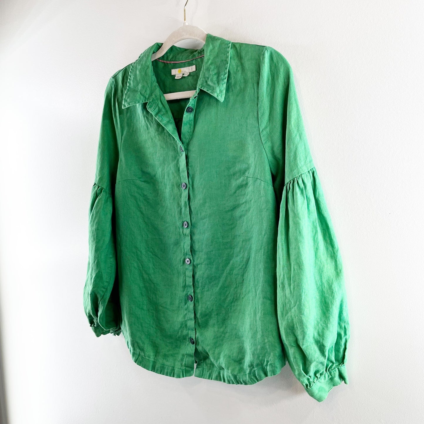 Boden Linen Button Down Long Puff Balloon Sleeve Shirt Blouse Green 8