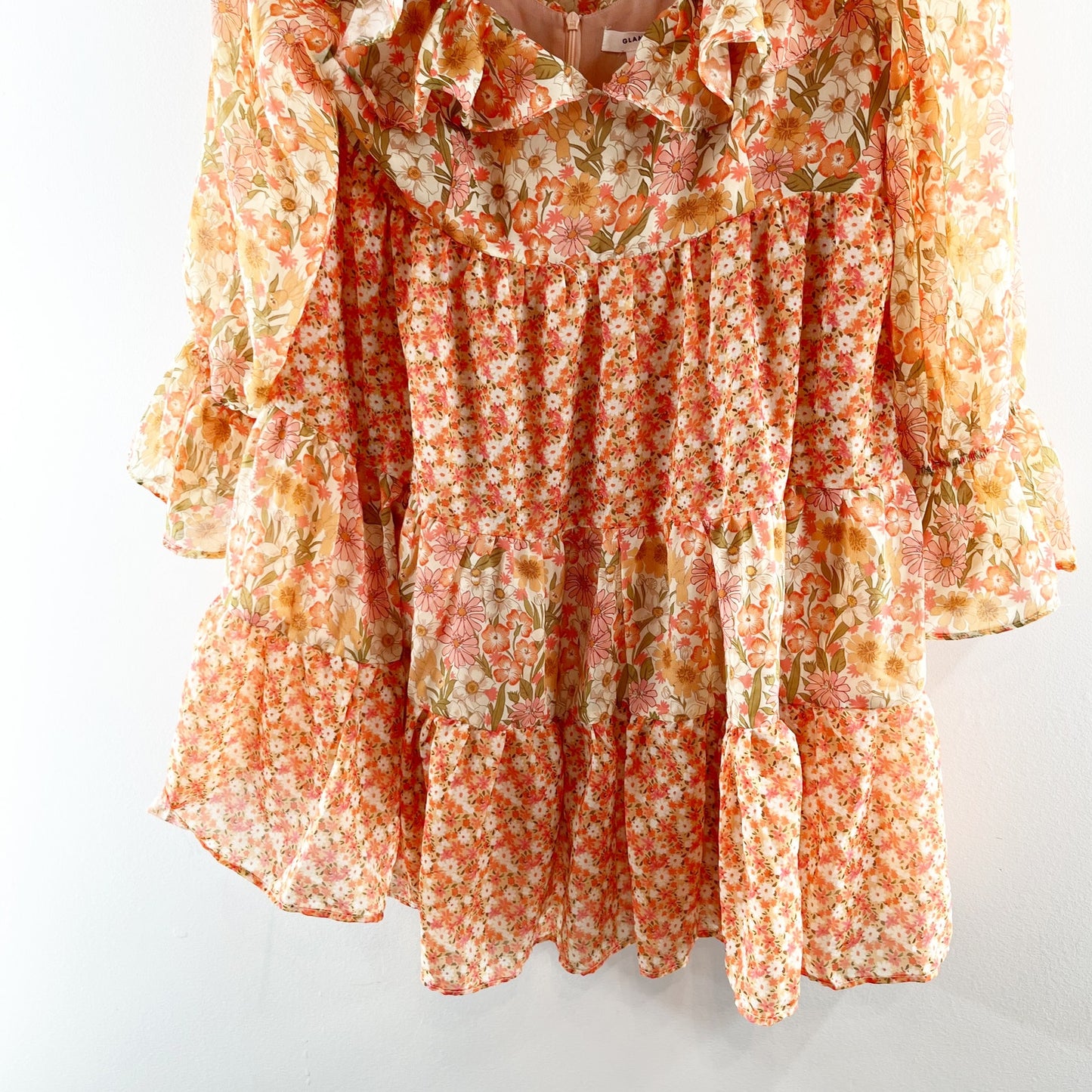 Glamorous Frill Detail Floral Long Sleeve Mini Dress Peach Orange Medium
