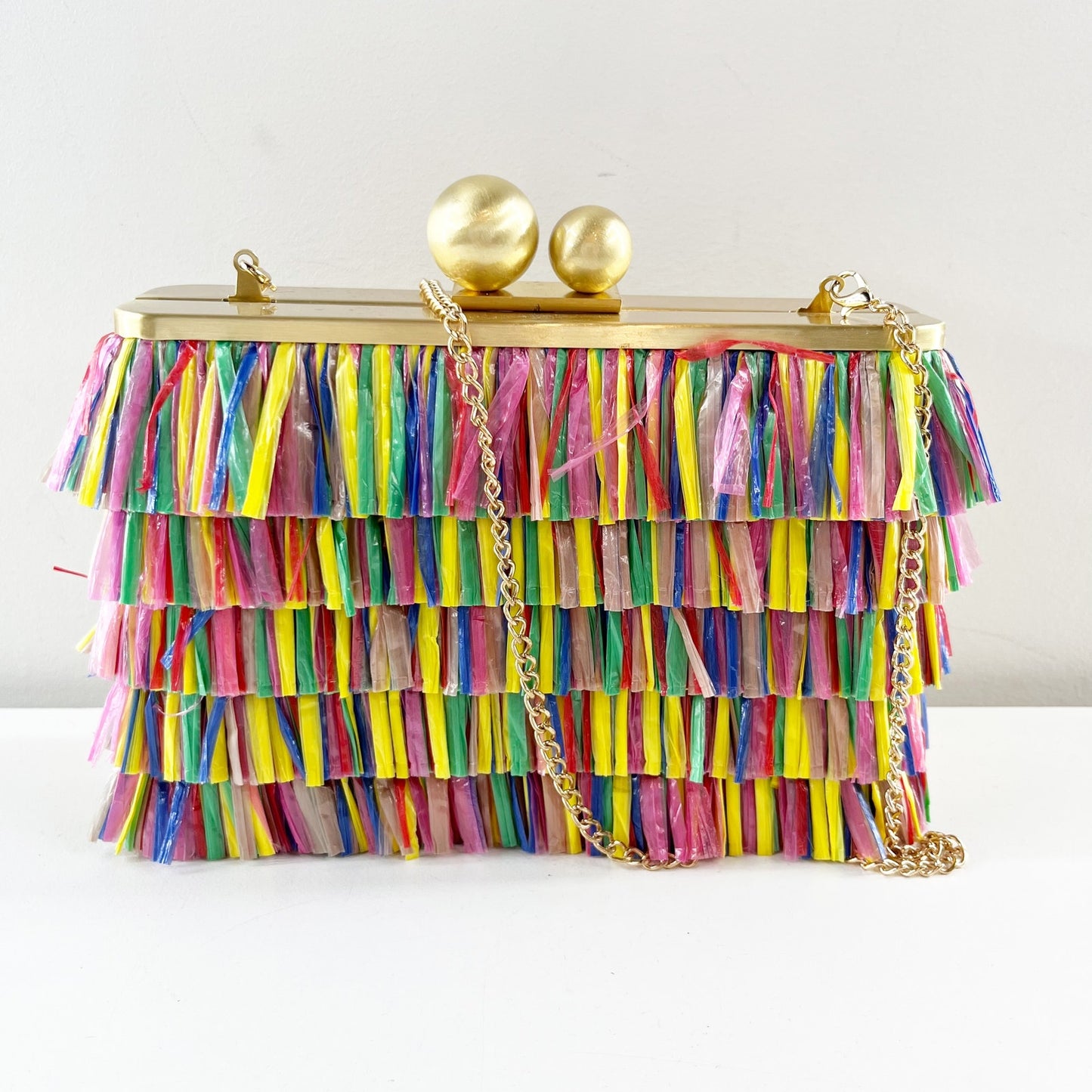 Olga Berg Carlita Carnivale Clutch Chain Crossbody Fringe Straw Bag Purse