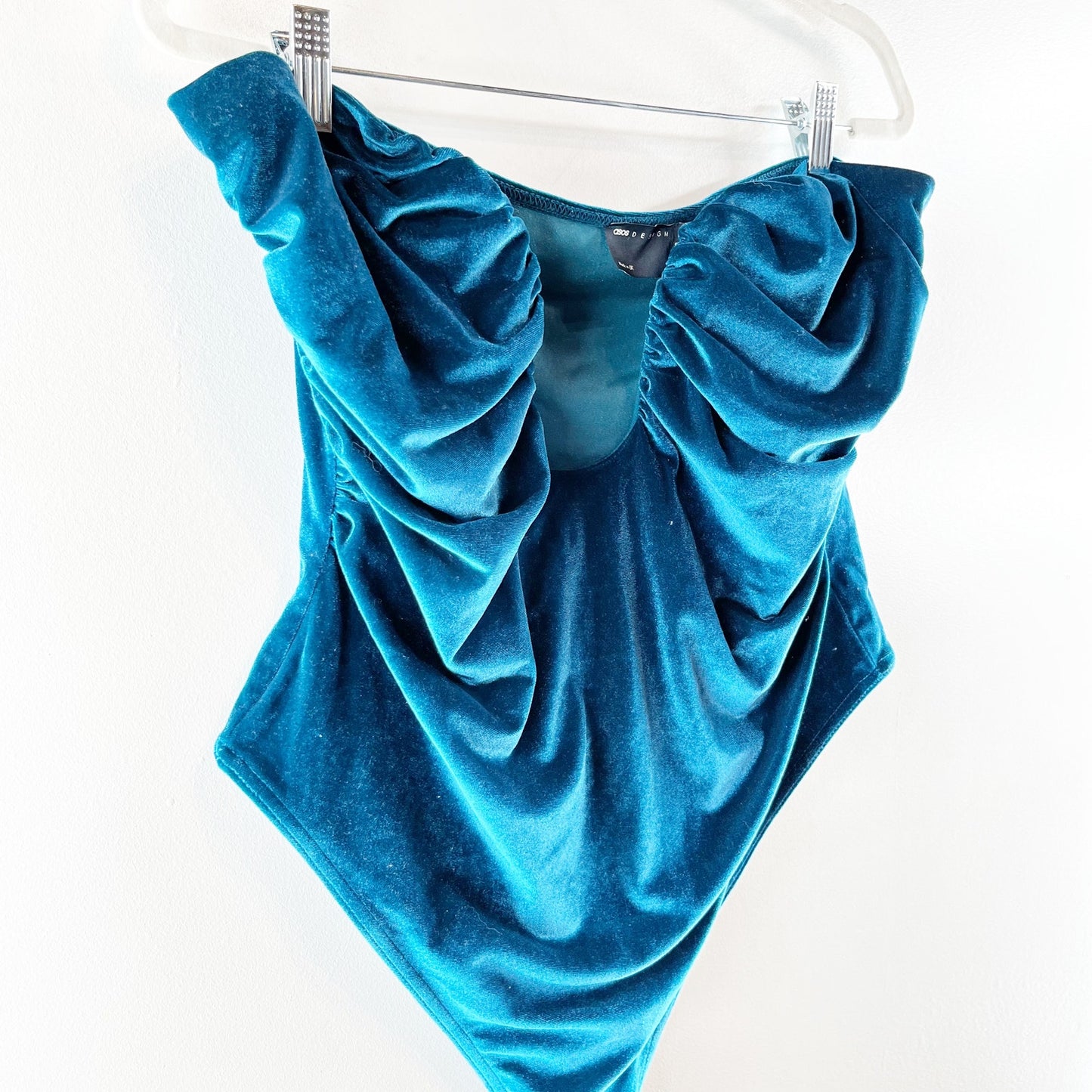 ASOS Design Plunge Strapless Velvet Bodysuit Teal Blue 14