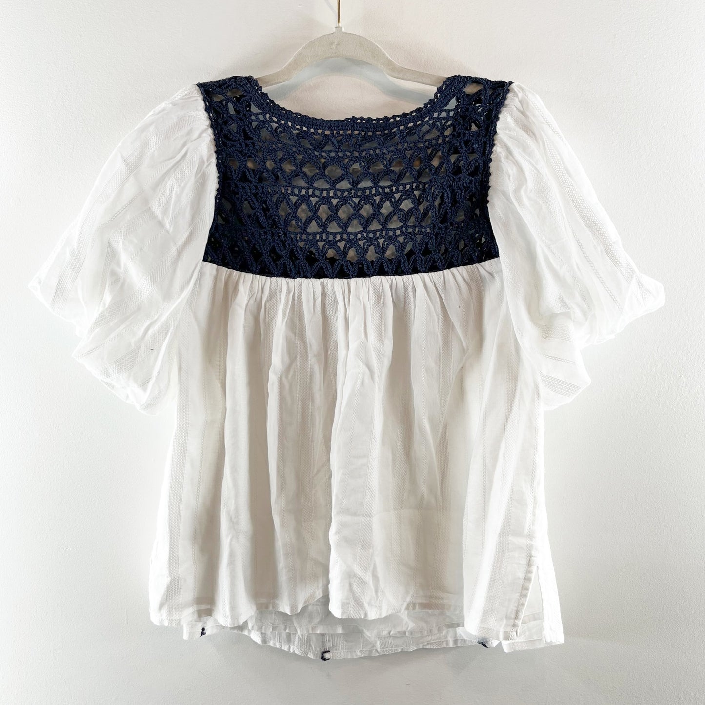 Cleobella Navi Organic Cotton Crochet Trim Puff Sleeve Blouse Top White Navy XS