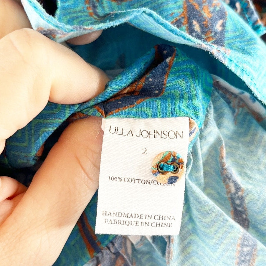 Ulla Johnson Carlotta Puff Short Sleeve Peplum Floral Cropped Top Blue Teal 2