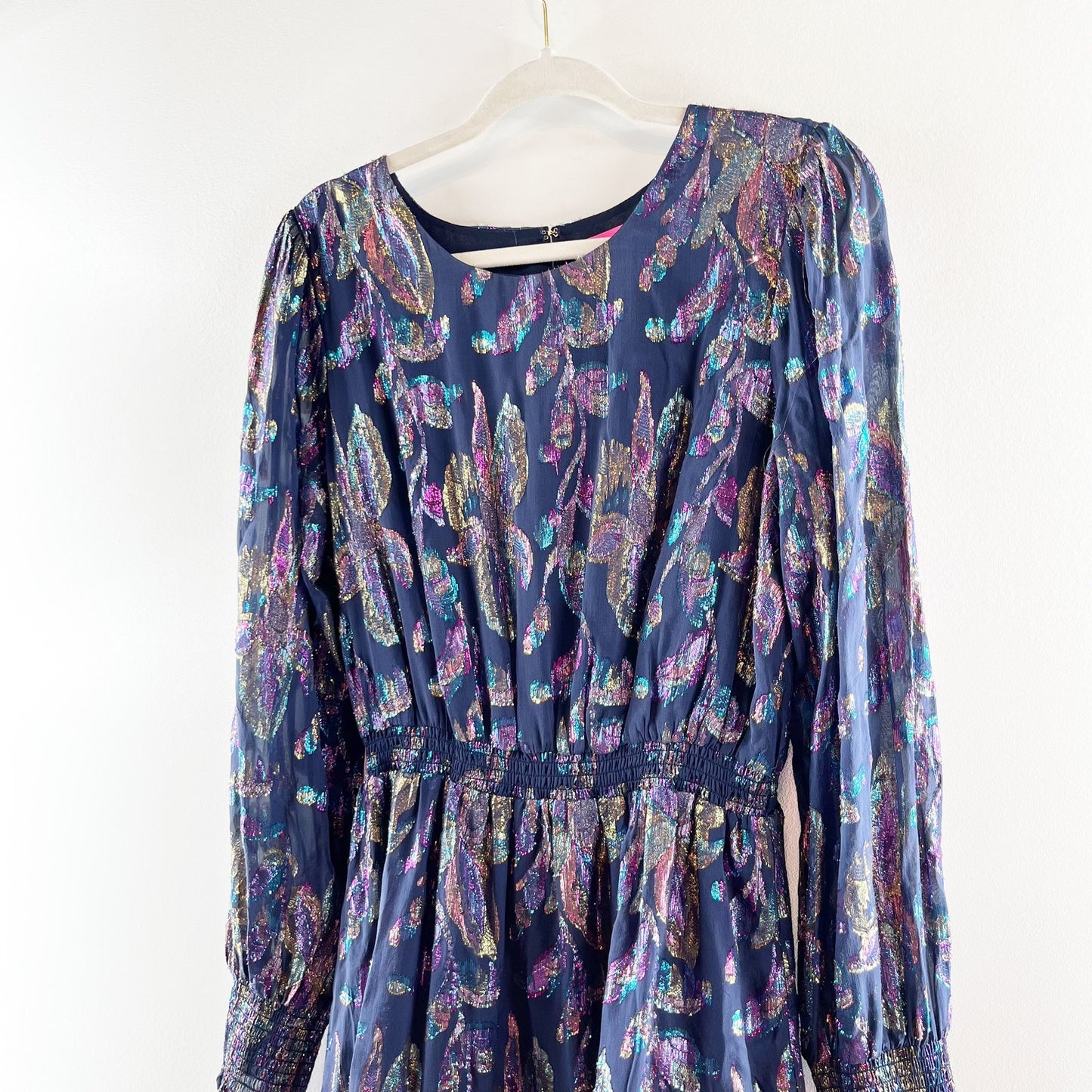 Lilly Pulitzer Dotti Long Sleeve Floral Ruffle Hem Metallic Mini Dress Blue 14