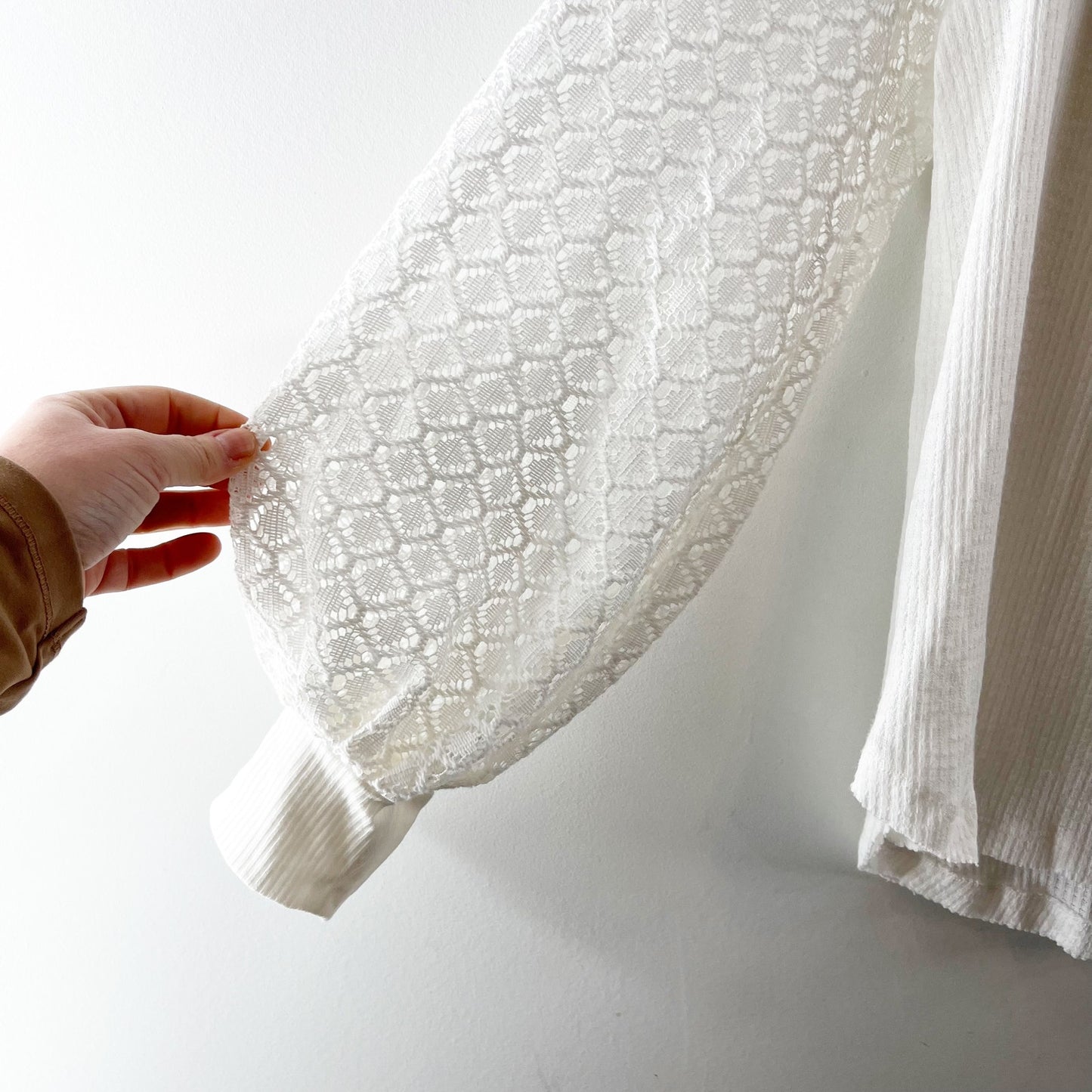 Free People Sweetest Thing Thermal Sheer Crochet Sleeve Top White Medium