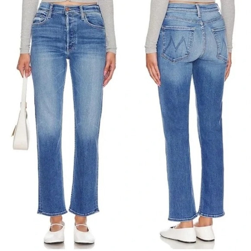 Mother The Tomcat High Rise Straight Leg Ankle Jeans in Layover Blue 25 / 0