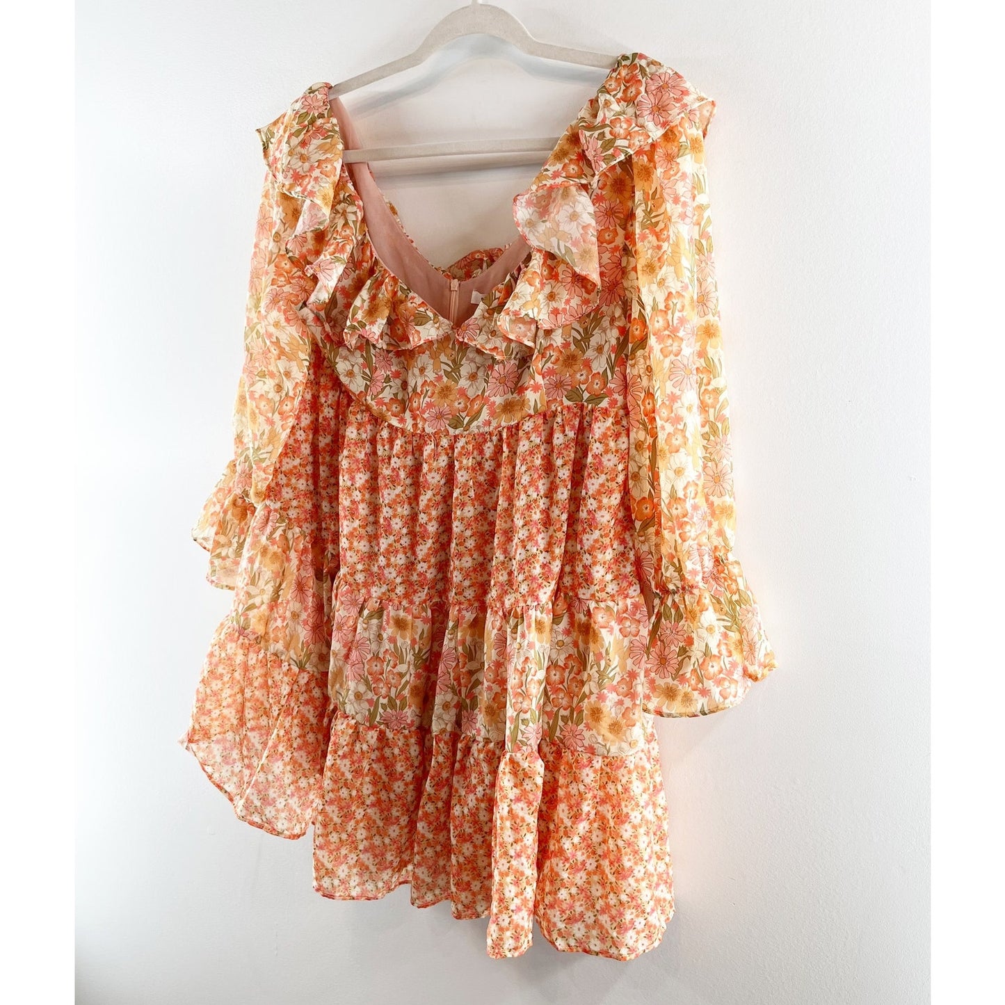 Glamorous Frill Detail Floral Long Sleeve Mini Dress Peach Orange Medium