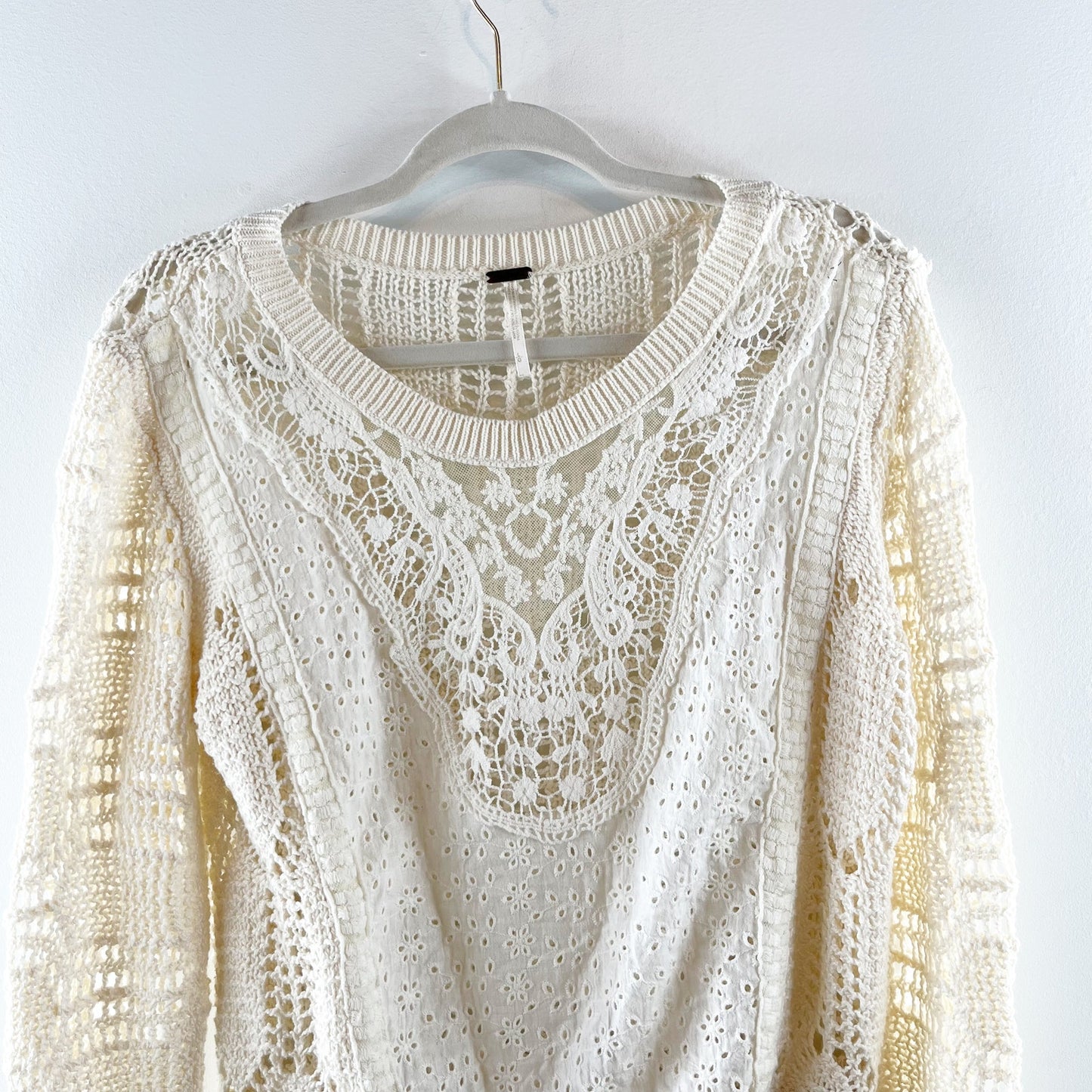 Free People Cotton Crochet Long Sleeve Crewneck Sweater Ivory Large