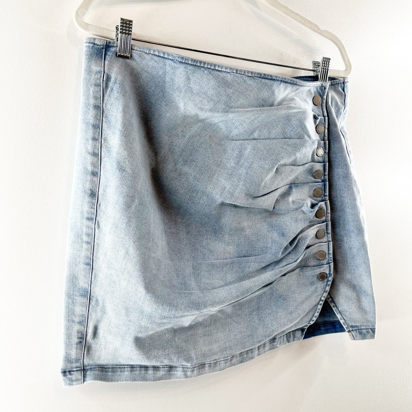 DKNY Ruched Side Button High Rise Mini Denim Jean Skirt Blue Large