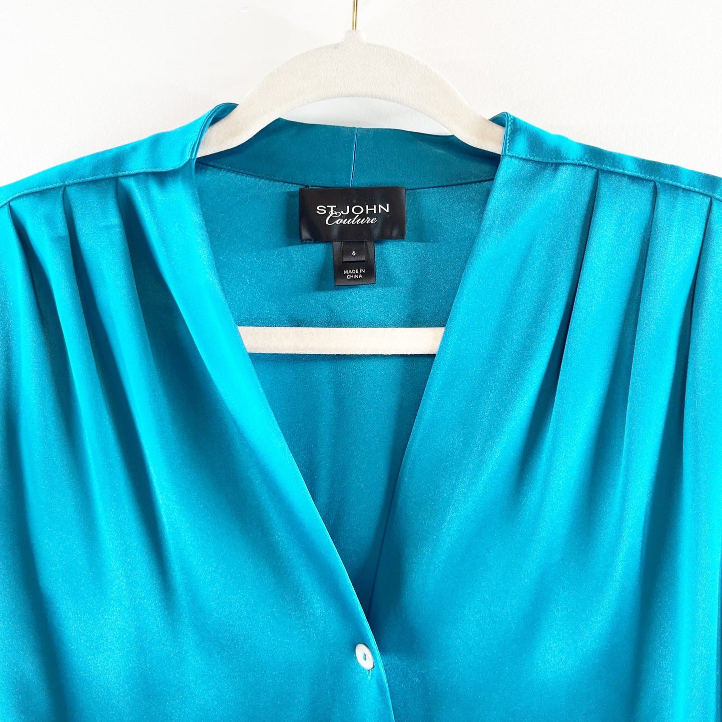 St. John Couture Button Down Long Sleeve Silky Blouse Shirt Teal Blue 6