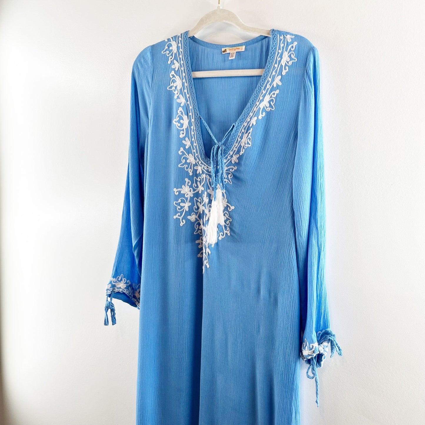 Rise and Bloom Embroidered Long Sleeve Tie Neck Maxi Dress Blue Medium