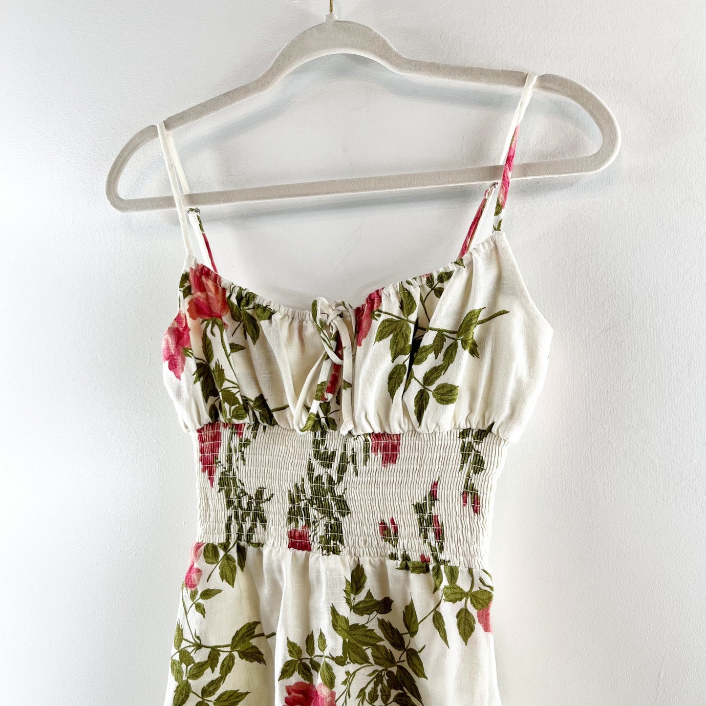 Reformation Rosemary Floral Print Linen Smocked Waist Mini Dress White 4
