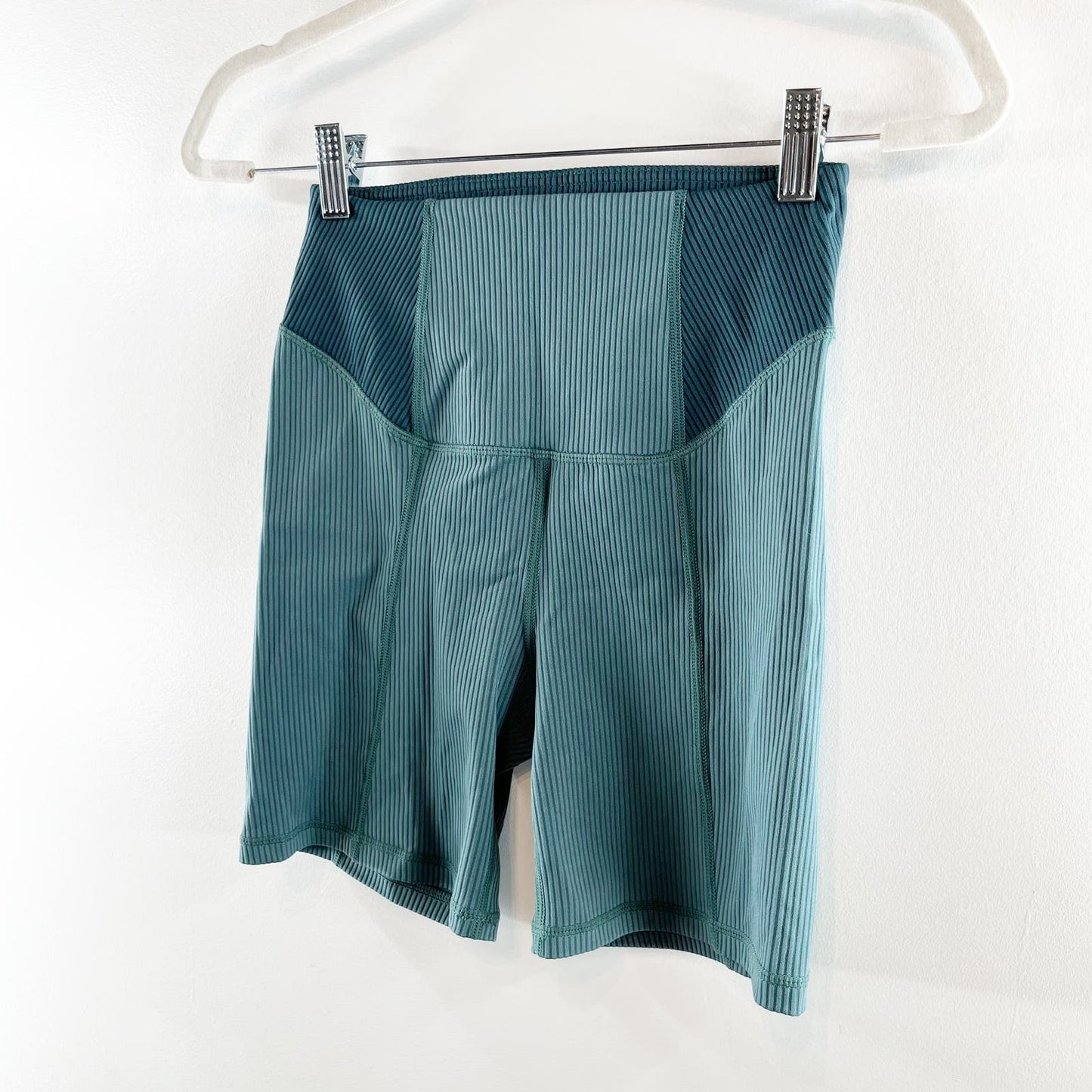 For Love & Lemons Dani Ribbed High Rise Bike Shorts Teal Green Blue Small