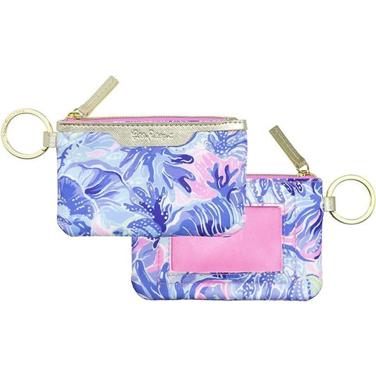 Lilly Pulitzer ID Card Holder Mini Keychain Wallet Blue Pink Gold