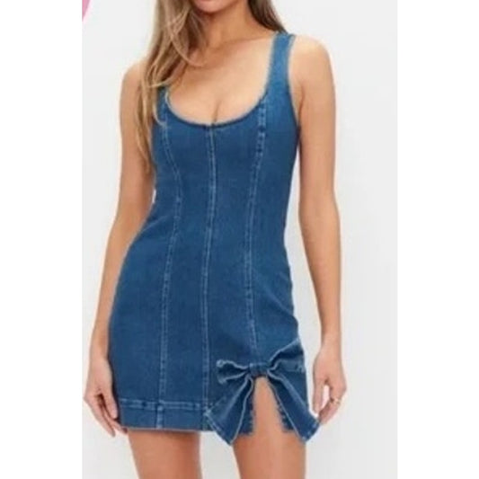 Show Me Your Mumu Bridgeport Bow Denim Mini Dress Blue Jean Baby Medium