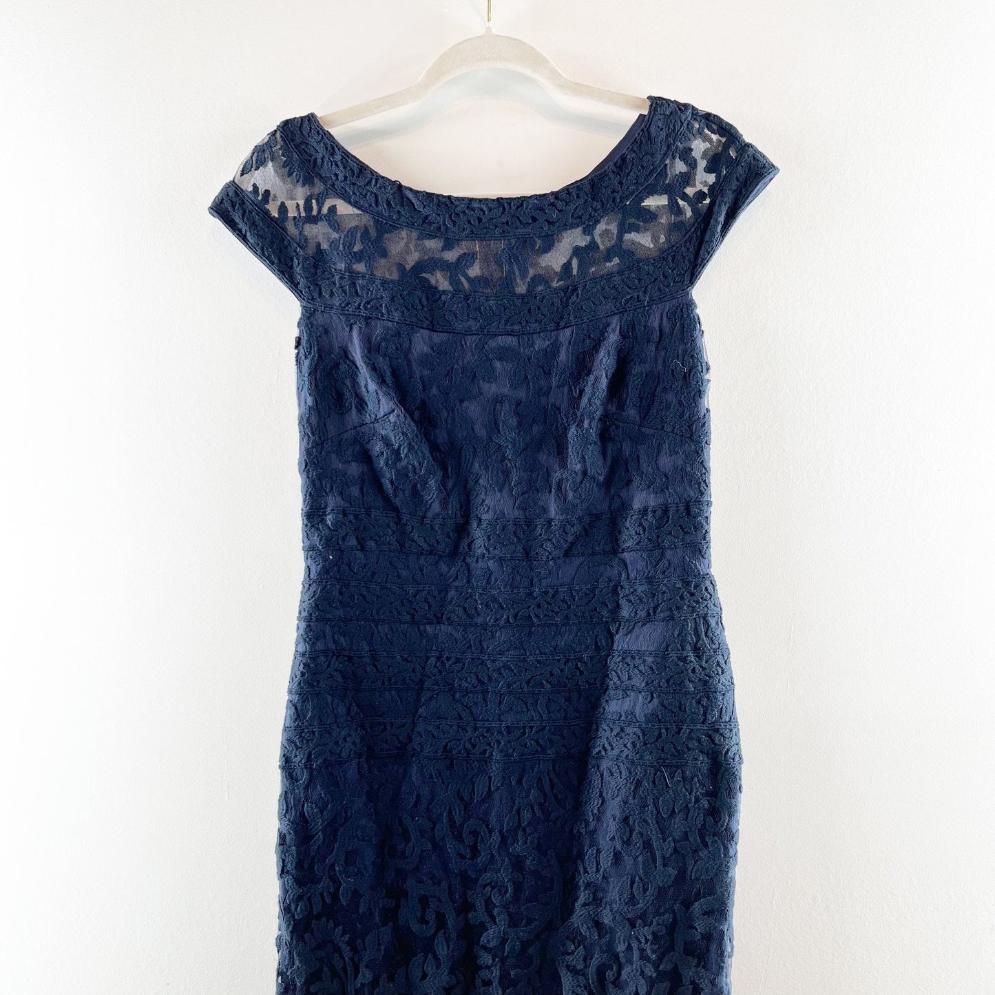 Tadashi Shoji Embroidered Banded Lace Maxi Length Gown Dress Navy Blue 4