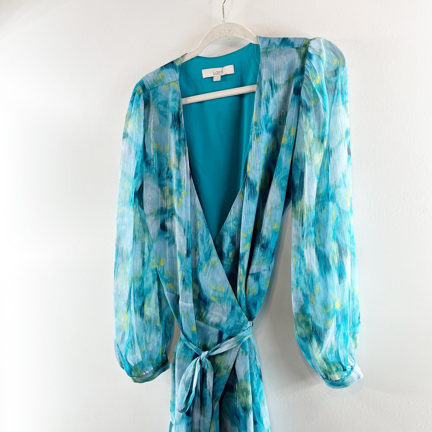 Loft Watercolor Floral Chiffon Puff Long Sleeve Midi Wrap Dress  Blue 10