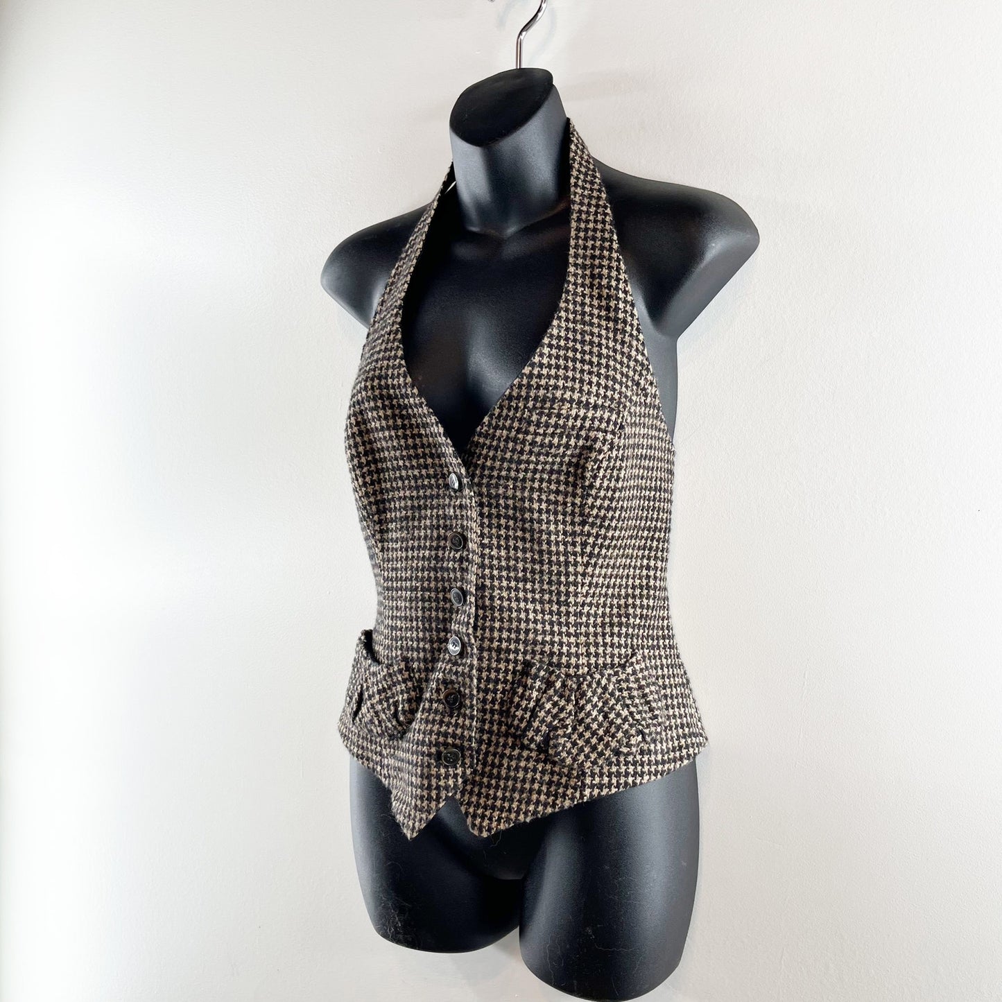 Anne Fontaine Paris Houndstooth Sleeveless Halter Waistcoat Vest Tan Black 40