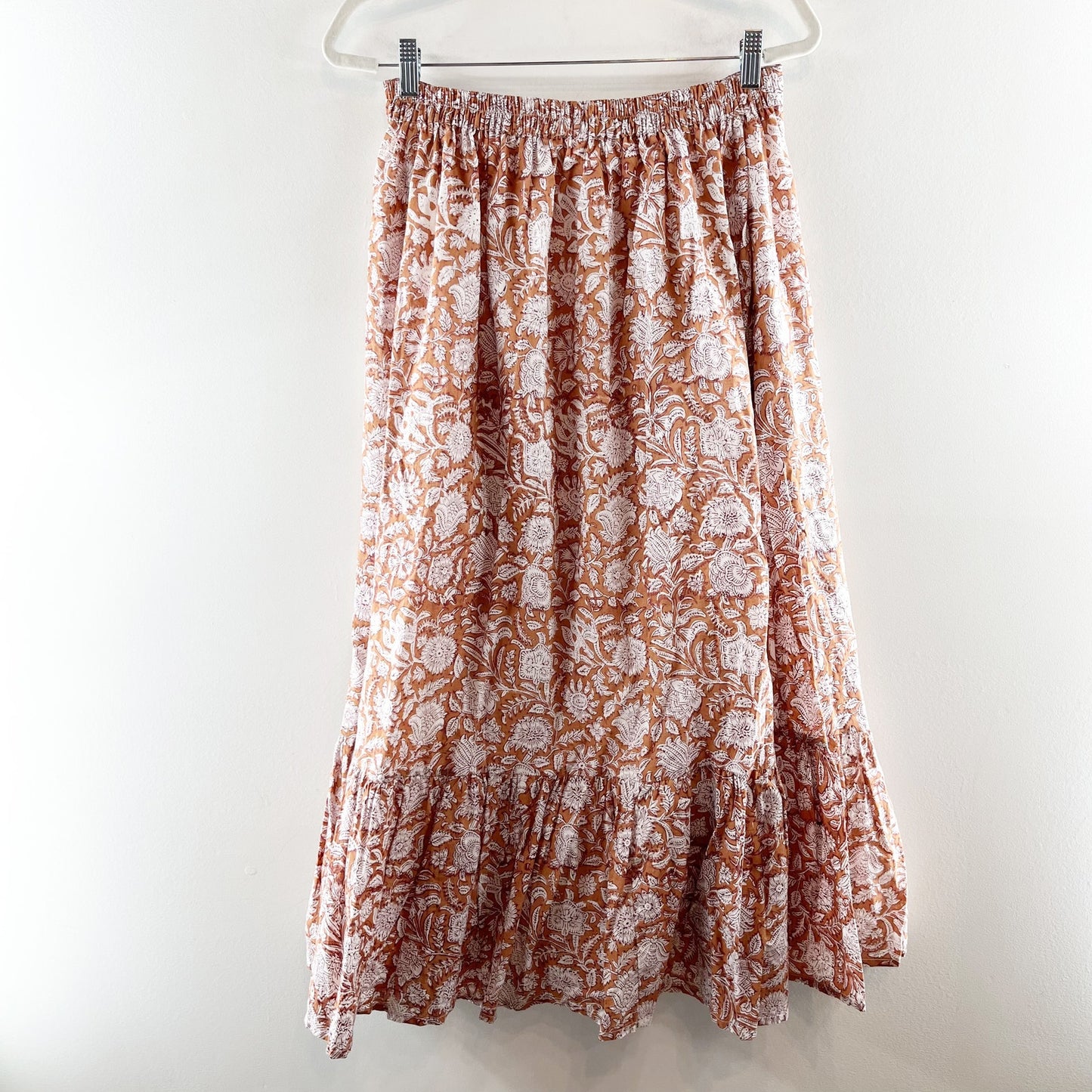Le Bazar Coastal Floral Tiered Ruffle Hem Midi Skirt Terracotta Small