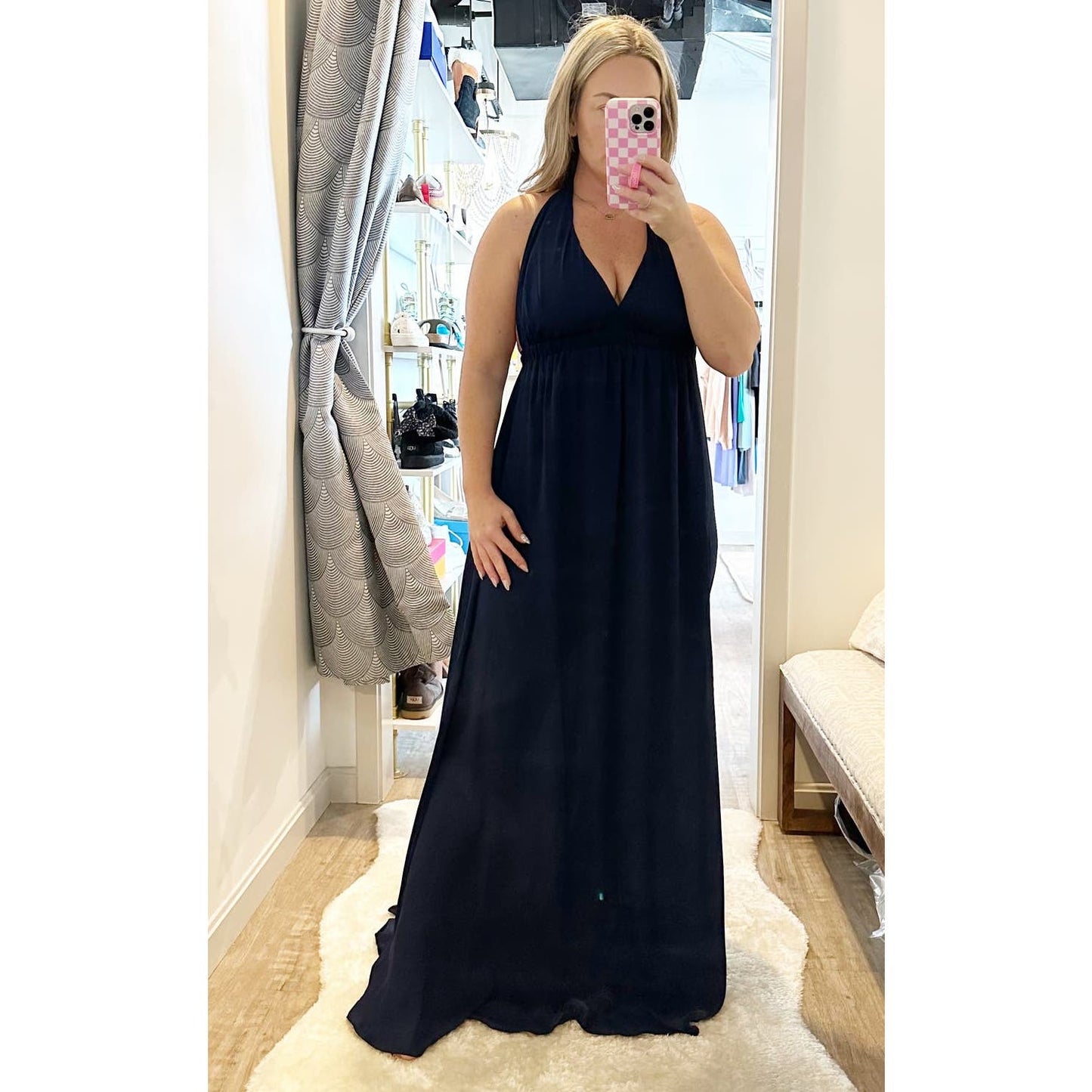 Show Me Your Mumu Plunge V Neck Halter Lined Maxi Gown Dress Navy Blue Medium