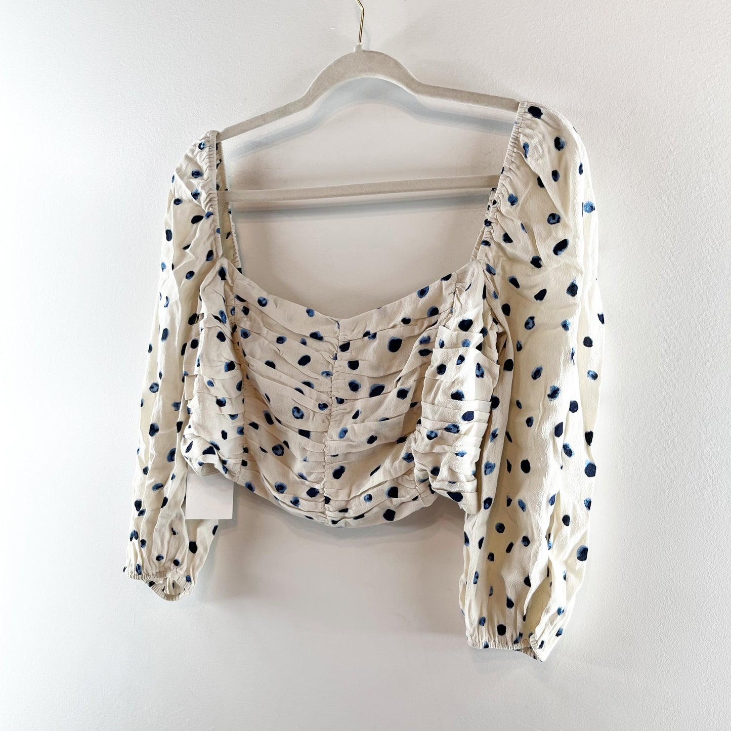 Wilfred Puff Sleeve Polka Dot Crop Lolita Blouse Birch Classic Navy Large NWT