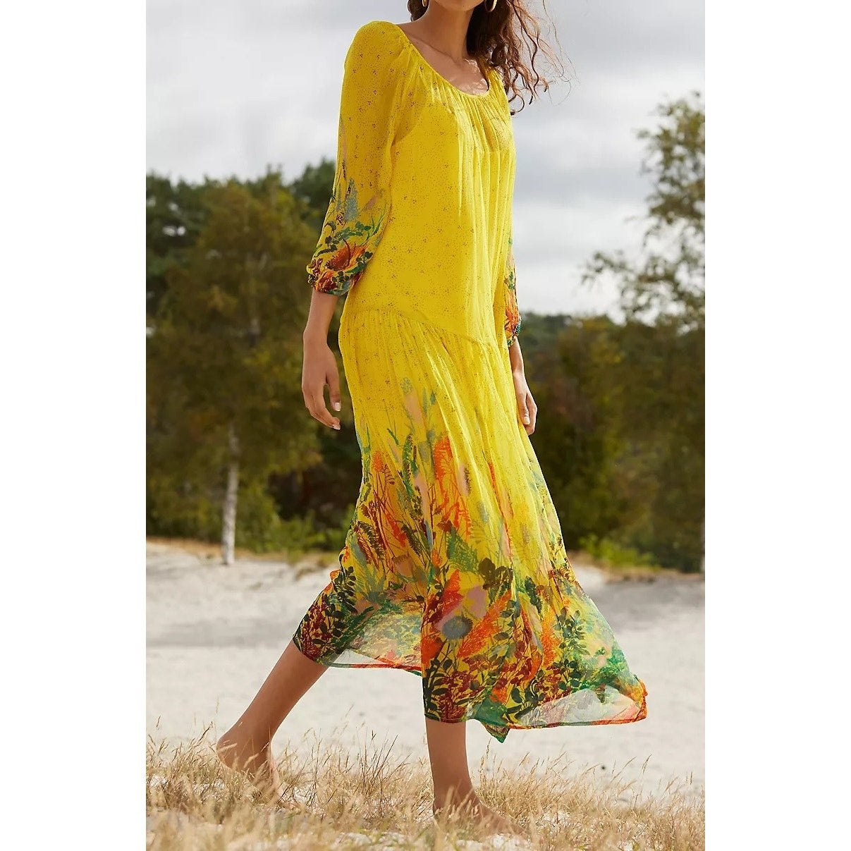 Anthropologie Tarin Scoopneck Tie Waist 3/4 Sleeve Floral Maxi Dress Yellow S