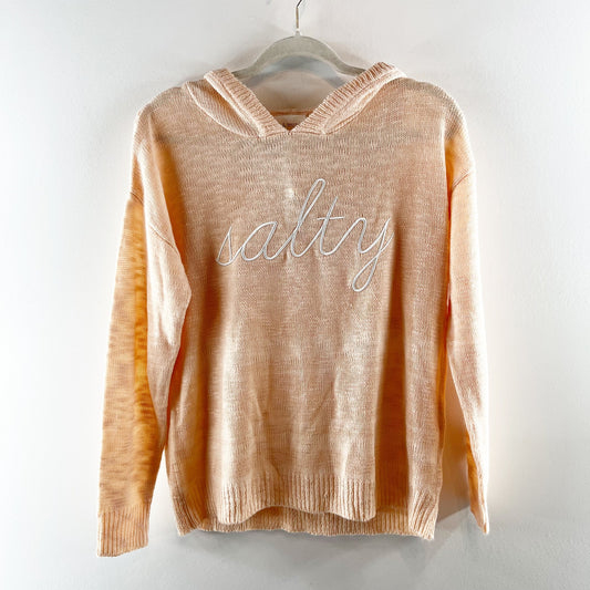 Mia & Tess Salty Embroidered Long Sleeve Knit Sweater Hoodie Peach Orange Small