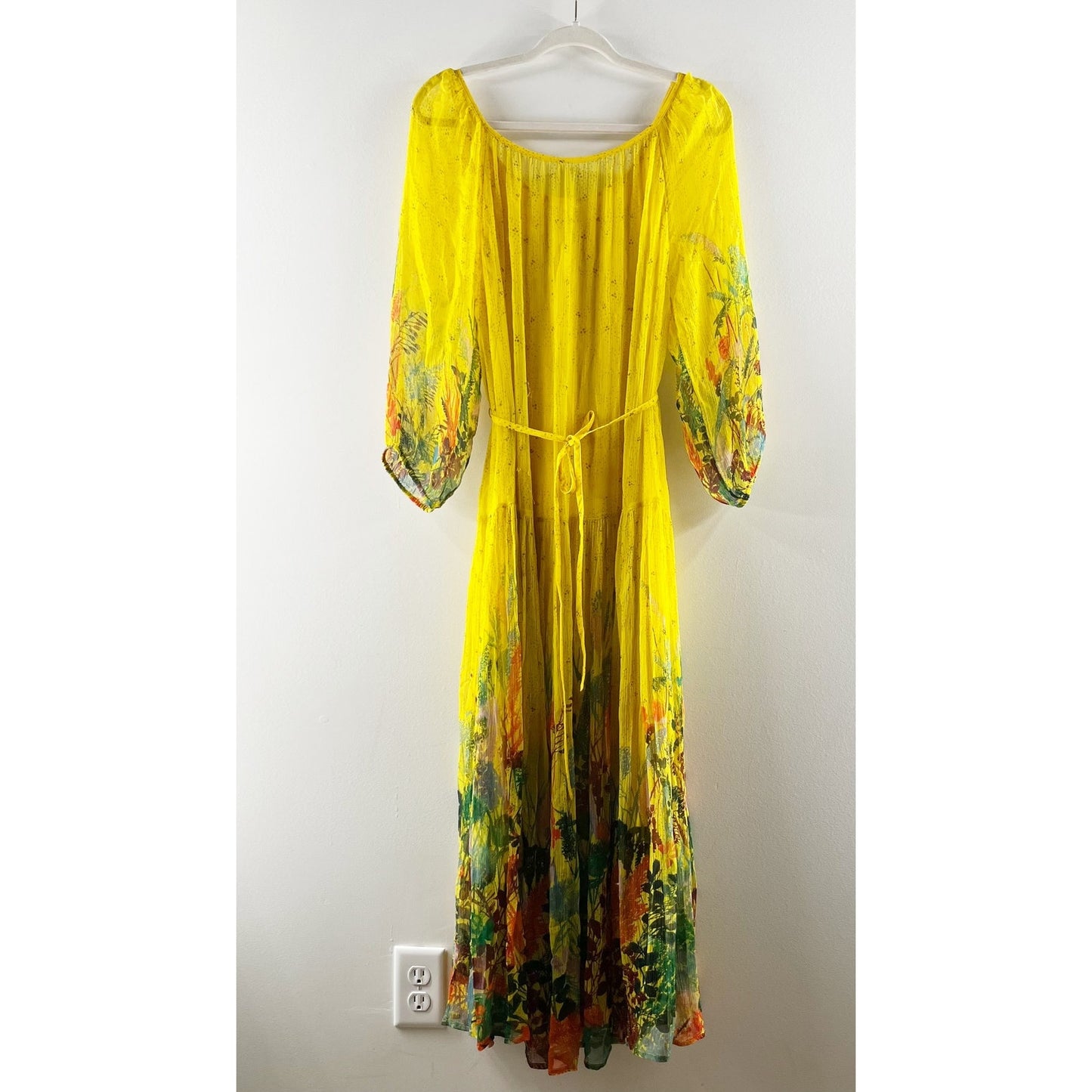 Anthropologie Tarin Scoopneck Tie Waist 3/4 Sleeve Floral Maxi Dress Yellow S
