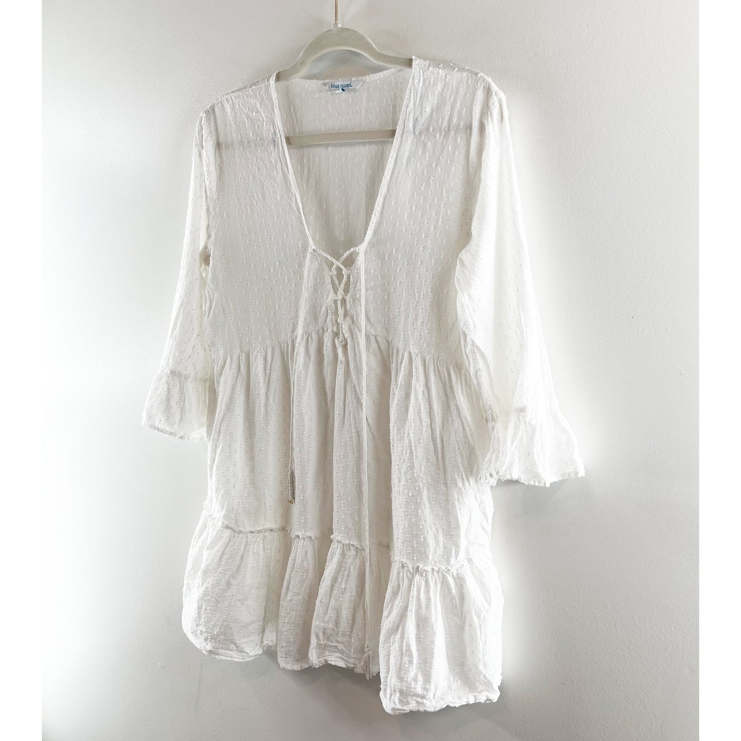 Blue Island Cotton 3/4 Sleeve Ruffle Hem Swim Cover Up White Small