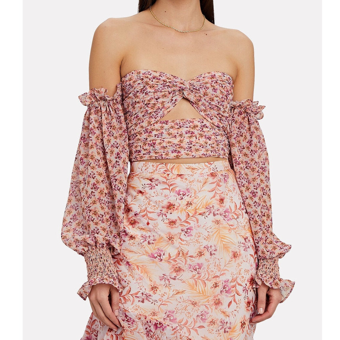 AMUR Hilda Floral Off-The-Shoulder Sweetheart Neck Crop Blouse Top Pink Large