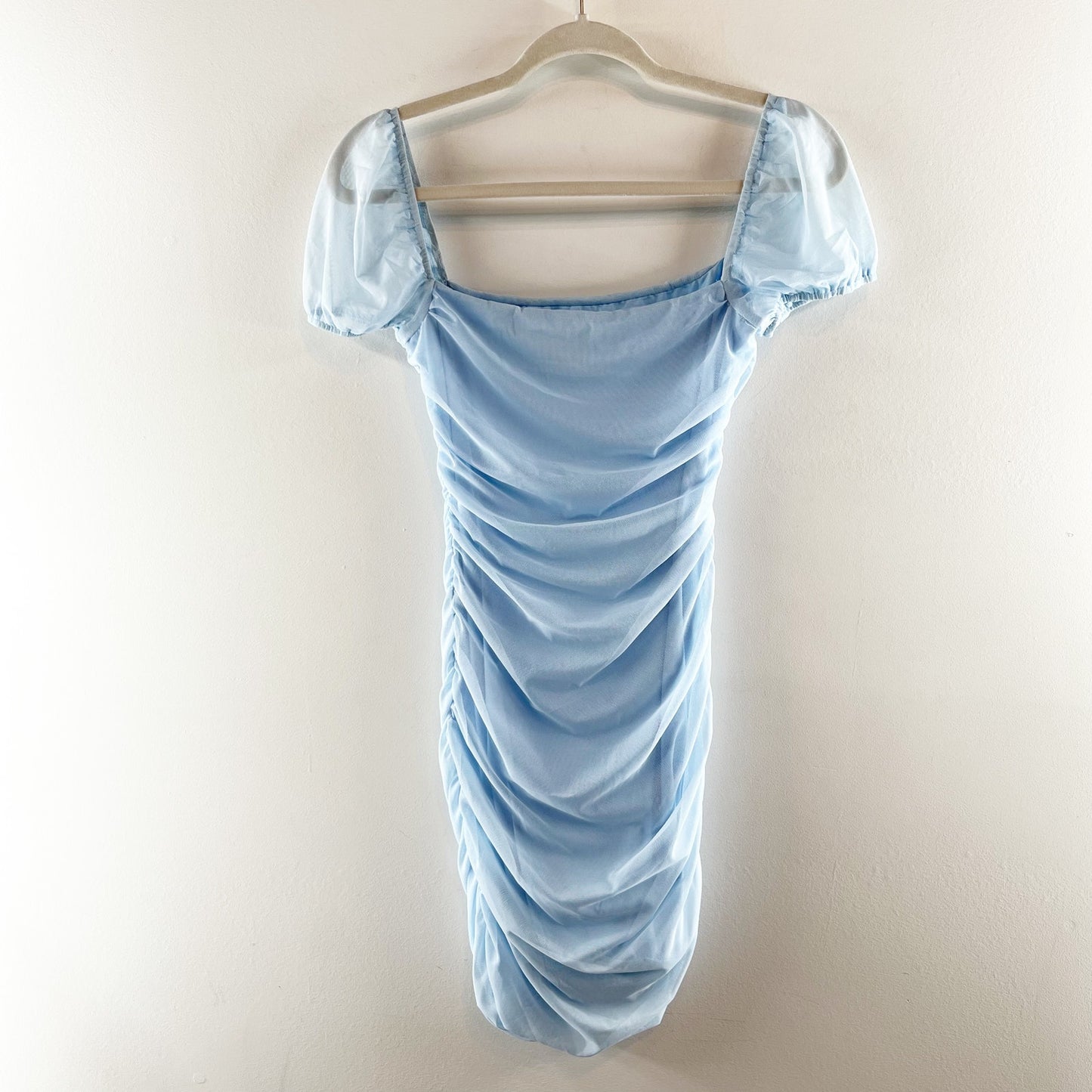 Princess Polly Charvi Sheer Puff Sleeves Ruched Bodycon Mini Dress Blue 0