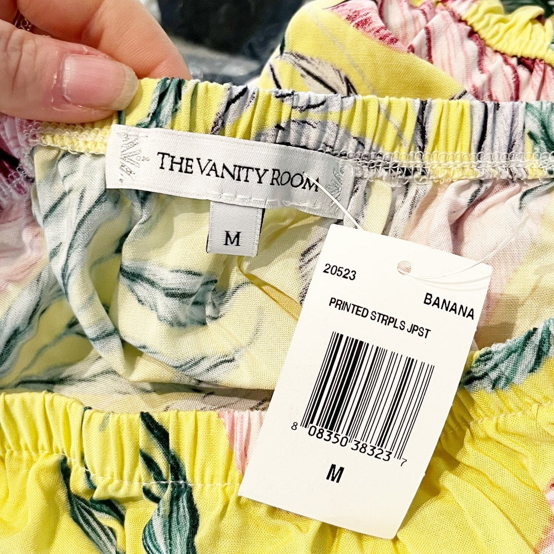 The Vanity Room Strapless Tropical Print Jogger Jumpsuit Banana Yellow Medium