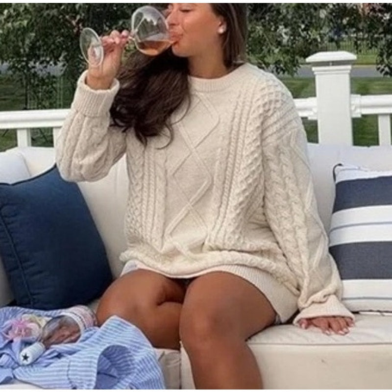 Aelfric Eden Crewneck Long Sleeve Cable Knit Sweater Ivory Cream XL